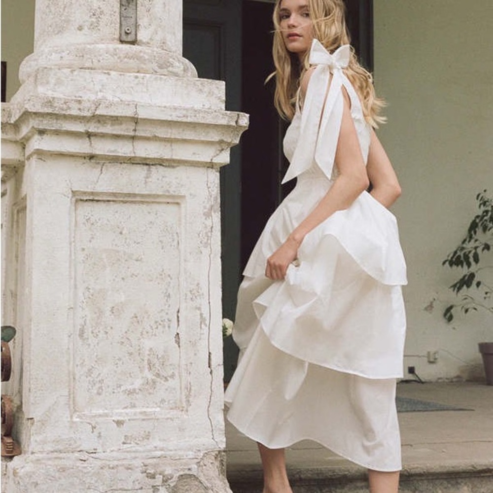 CLEOBELLA Kaiya Ruffle Tea Dress Smocked White Tiered Bow Coquette Cottagecore S - Picture 2 of 14